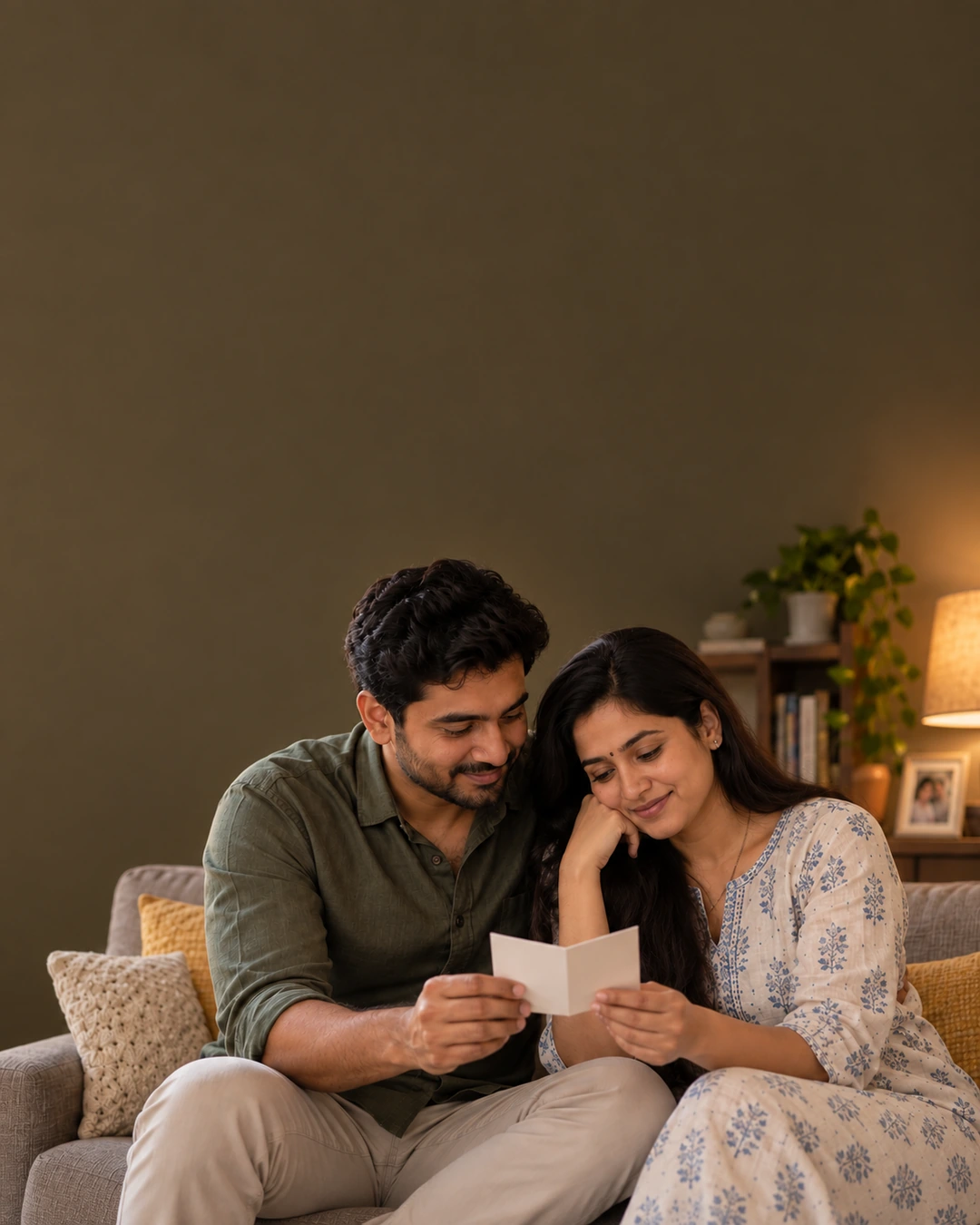 Generated scene of an Indian couple sitting close together at home, looking at a small keepsake.