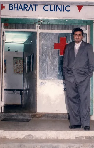 Dr. D.K. Sharma outside the Bharat Clinic at Jugiana Phatak, 1996