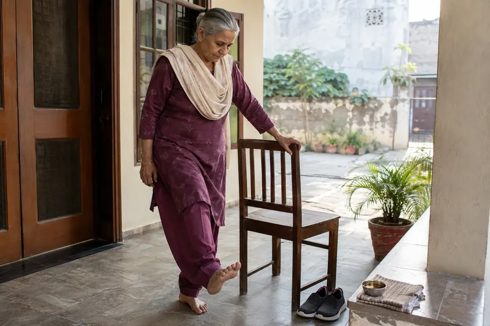 Illustrative scene of an older Indian woman managing morning knee stiffness while continuing an ordinary routine.