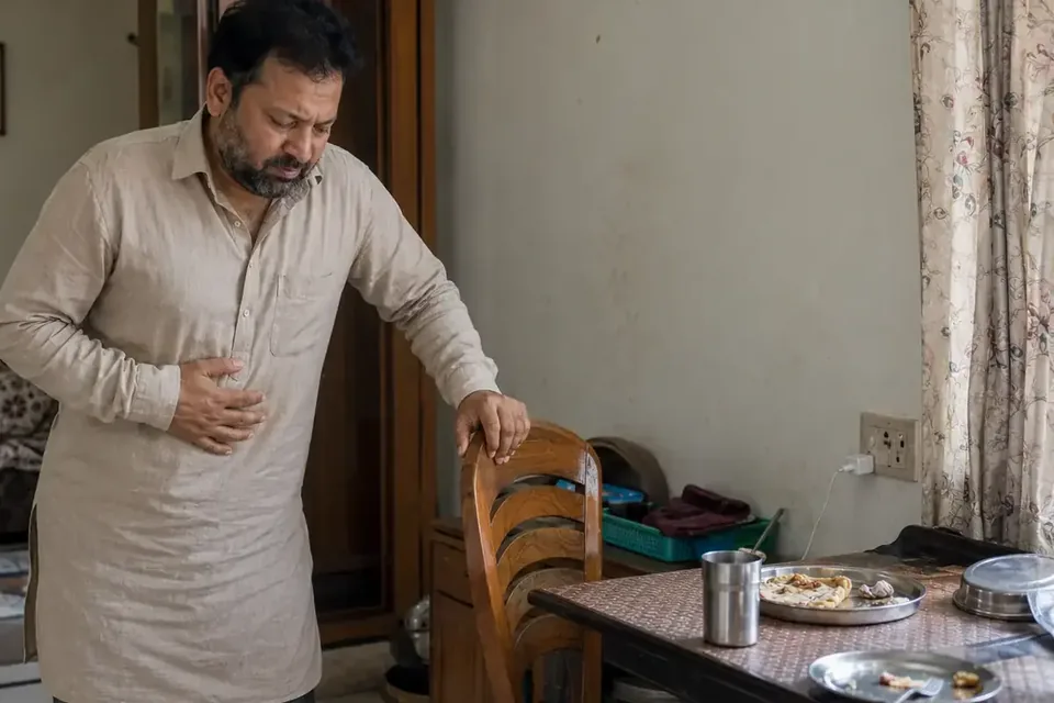 Illustrative scene of an Indian man experiencing abdominal heaviness and digestive discomfort after a meal.