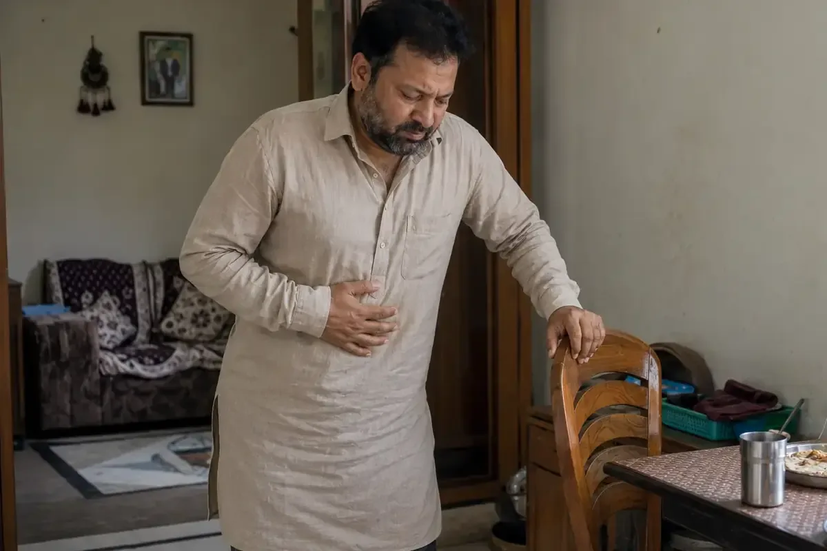 Illustrative scene of an Indian man finding it painful to sit during a day affected by piles or fissure symptoms.