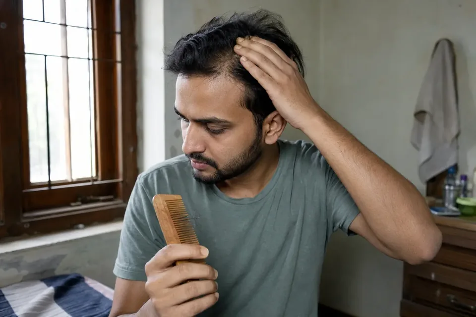 Illustrative scene of a young Indian man noticing hair loss around his temples during an everyday routine.