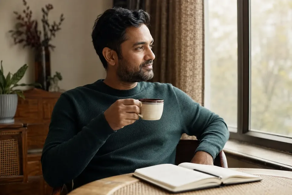 Illustrative scene of a young Indian man sitting awake on the edge of his bed, unable to sleep.