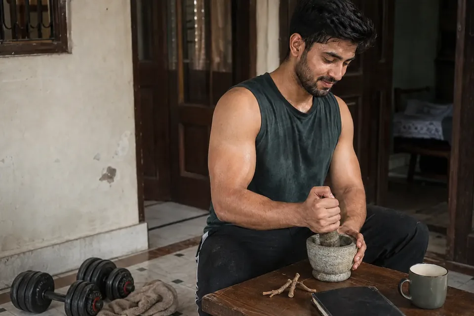 Illustrative scene of a young Indian man choosing steady training, recovery and an Ayurvedic routine for lasting strength.