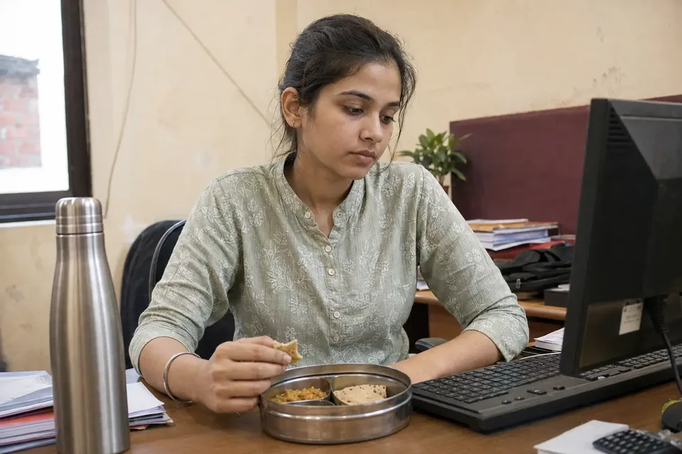 Illustrative scene of a young Indian office worker feeling weak and unable to finish her lunch during an ordinary workday.