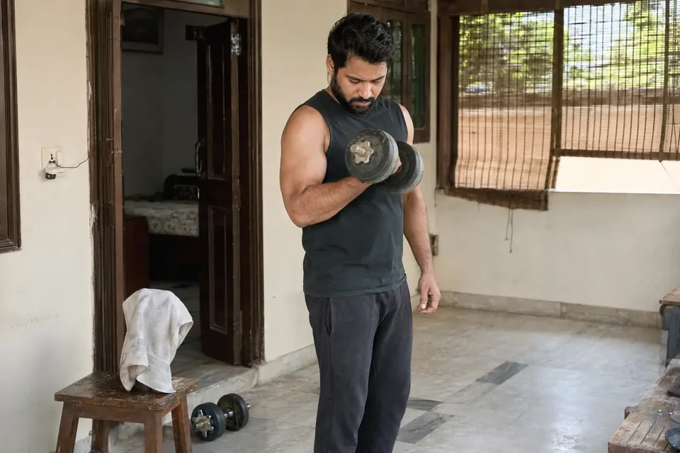 Illustrative scene of a young Indian man building strength through an ordinary natural workout.
