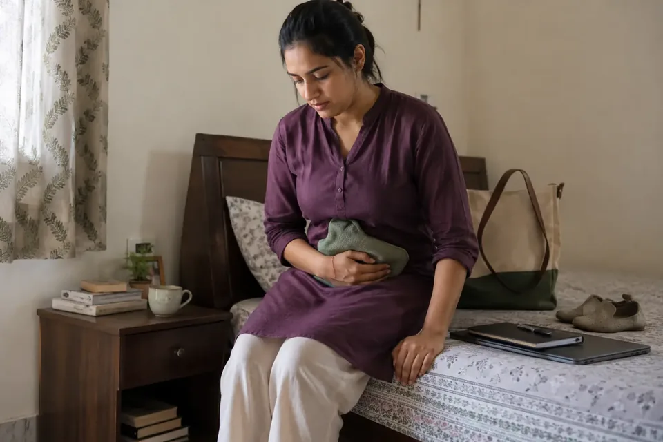 Illustrative scene of an Indian woman resting with a hot water bottle during painful periods.