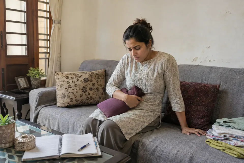 Illustrative scene of an Indian woman managing period pain at home while her day continues around her.