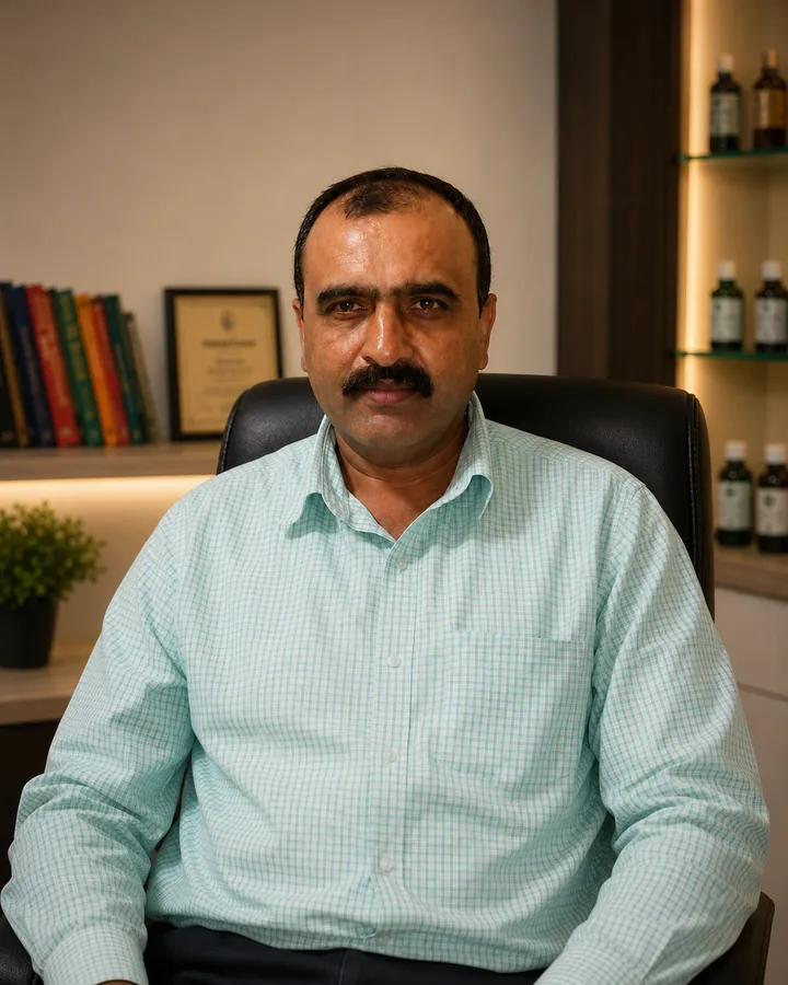 Dr. D.K. Sharma, BAMS, in the BharatClinic consultation room in Ludhiana