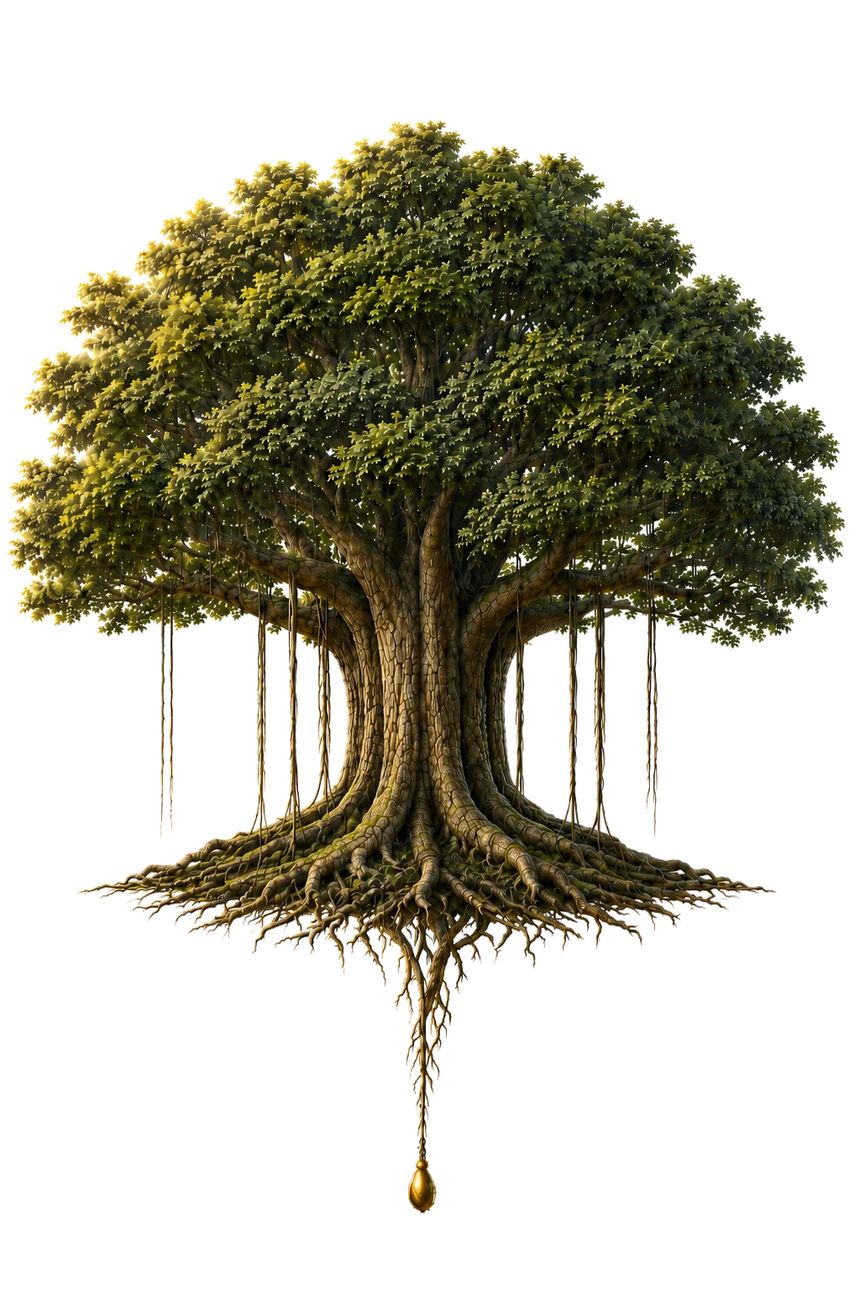 A banyan tree with a broad canopy, a strong trunk, and a wide root system spreading below — a symbol of three generations of the Sharma family's Ayurvedic practice.