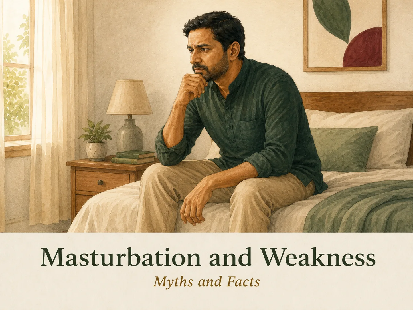 A man sitting privately in bed while thinking about worries related to masturbation and weakness